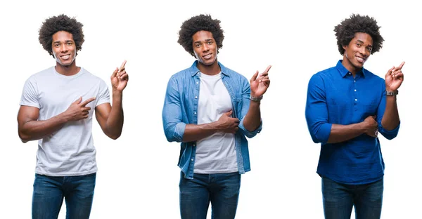 アフリカ系アメリカ人の上半身裸の若者 ビジネスマンの顔に大きな笑みを浮かべて隔離された背景にカメラを見ている側の手と指で指すのコラージュ — ストック写真