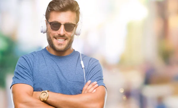 Young Handsome Man Wearing Headphones Listening Music Isolated Background Happy — Stock Photo, Image