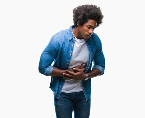 美国黑人由于消化不良 痛苦的疾病感觉不适 在孤立的背景下与手在胃 疼痛概念 — 图库照片