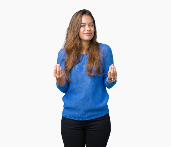 Junge Schöne Brünette Frau Trägt Blauen Pullover Über Isoliertem Hintergrund — Stockfoto