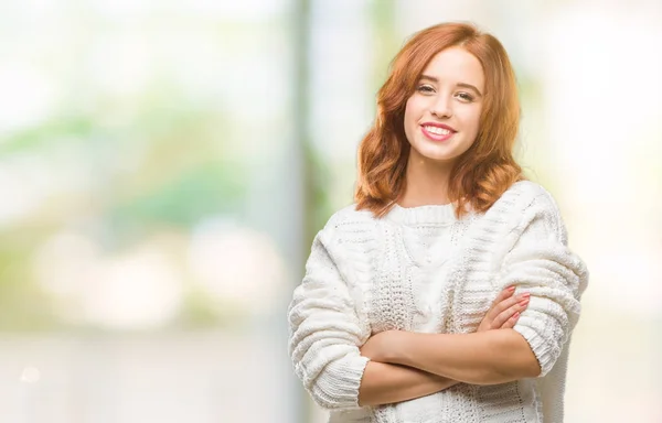 Giovane Bella Donna Sfondo Isolato Indossa Maglione Invernale Volto Felice — Foto Stock