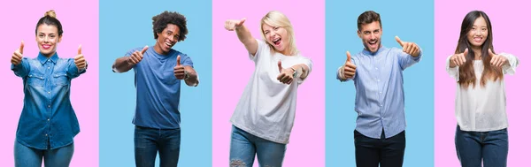 Collage Van Groep Jongeren Casual Kleurrijke Geïsoleerde Achtergrond Goed Keuren — Stockfoto