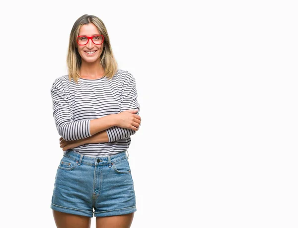 Joven Hermosa Mujer Con Gafas Sobre Fondo Aislado Cara Feliz —  Fotos de Stock