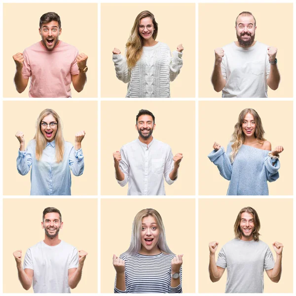 stock image Collage of group people, women and men over colorful yellow isolated background celebrating surprised and amazed for success with arms raised and open eyes. Winner concept.
