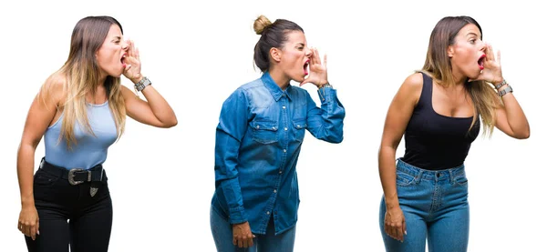 Colagem Jovem Bela Mulher Sobre Fundo Isolado Gritando Gritando Alto — Fotografia de Stock