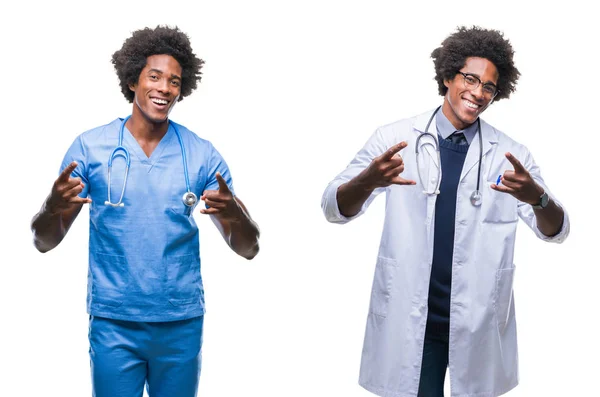 Collage Jóvenes Cirujanos Afroamericanos Enfermeras Doctores Sobre Fondo Aislado Gritando —  Fotos de Stock