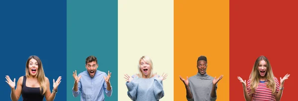 Collage Group Young People Colorful Vintage Isolated Background Celebrating Crazy — Stock Photo, Image