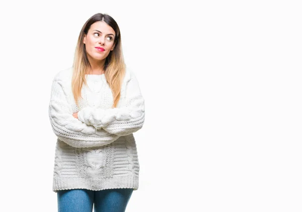 Mujer Hermosa Joven Suéter Blanco Casual Sobre Fondo Aislado Sonriendo —  Fotos de Stock