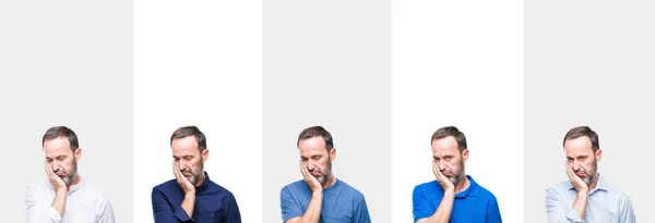 Collage Mezza Età Anziano Hoary Uomo Sfondo Isolato Pensando Cercando — Foto Stock