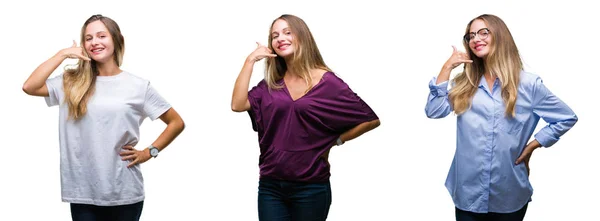 Colagem Jovem Bela Mulher Loira Sobre Fundo Isolado Sorrindo Fazendo — Fotografia de Stock