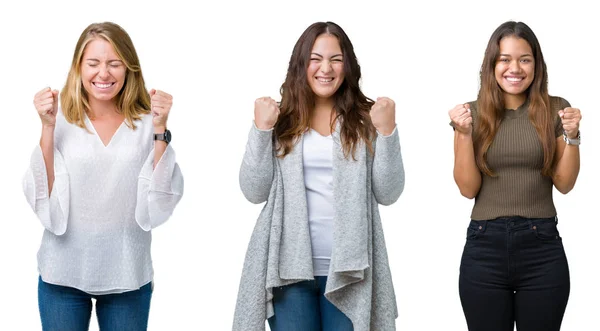 Collage Einer Gruppe Von Drei Jungen Schönen Frauen Vor Weißem — Stockfoto