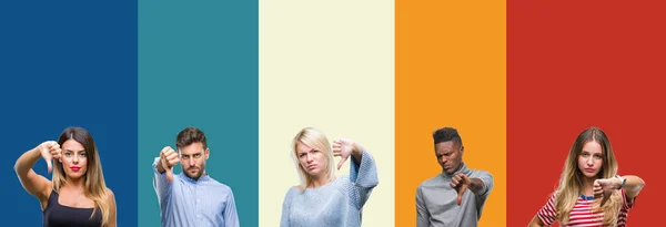 Collage Group Young People Colorful Vintage Isolated Background Looking Unhappy — Stock Photo, Image