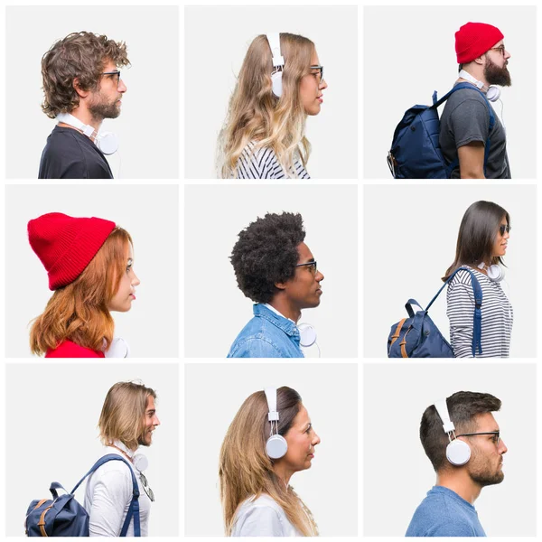 Collage Grupo Personas Que Usan Mochila Auriculares Sobre Fondo Aislado —  Fotos de Stock