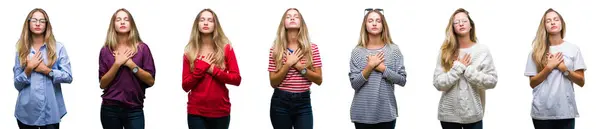 Collage Joven Hermosa Mujer Rubia Sobre Fondo Aislado Sonriendo Con — Foto de Stock