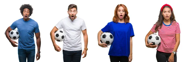 Collage Van Mensen Houdt Van Voetbal Voetbal Geïsoleerde Achtergrond Bang — Stockfoto