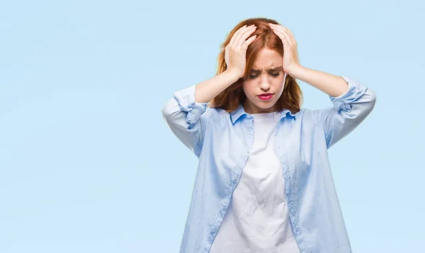 Jonge Mooie Zakenvrouw Geïsoleerde Achtergrond Lijden Hoofdpijn Wanhopig Benadrukt Omdat — Stockfoto