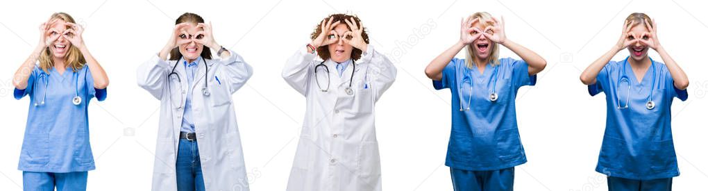 Collage of group of professional doctor women over white isolated background doing ok gesture like binoculars sticking tongue out, eyes looking through fingers. Crazy expression.