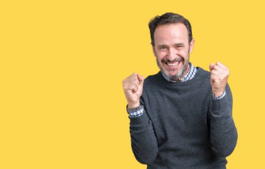 Yakışıklı orta yaş komuta sizde izole arka plan kutlama üzerinde bir kazak giyen şaşırttı ve silah ile başarı için yükseltilmiş ve açık gözler hayrete düşürdü. Kazanan kavramı.