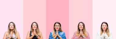 Pembe çizgili izole arka plan birlikte emin gülümseyen bağışlanmak ellerle dua genç güzel kadın kolaj.