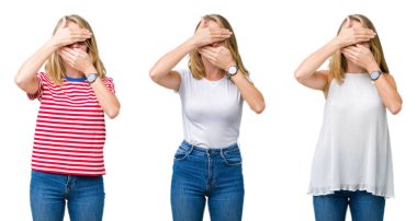 Güzel sarışın kadın beyaz izole yüzünden kolaj kapsayan gözleri arka plan ve şaşırttı ve şok ellerle ağız. Duygu gizleme