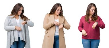 Artı boyutu kadın kol saati, rahat ve kendinden emin zamanında kontrol izole arka plan güzel kolaj