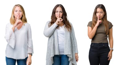 Dudaklarında parmak ile sessiz olmanı beyaz izole arka plan üzerinde üç genç güzel kadın grubu kolaj. Sessizlik ve gizli kavramı.