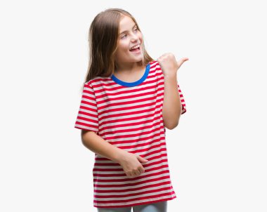 Genç güzel kız arıyorum ve başparmak yanında yukarıyı mutlu yüz ile gülümseyen izole arka plan üzerinde.