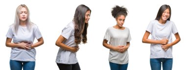 Kolaj Çince, Arap, Afrikalı-Amerikalı kadın grup izole mide üzerinde el ile arka plan çünkü mide bulantısı, ağrılı hastalık hasta hissediyor. Ağrısı kavramı.