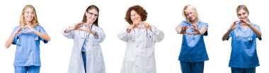 Kolaj bir grup profesyonel doktor kadın kalp simgesi ve elleriyle şekil gösterilen aşık gülümseyen beyaz izole arka plan üzerinde. Romantik kavramı.