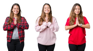 Güzel genç kadının birlikte emin gülümseyen bağışlanmak ellerle dua izole arka plan üzerine kolaj.