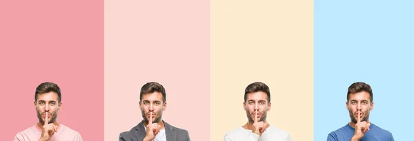 Collage Bel Giovane Strisce Colorate Sfondo Isolato Chiedendo Essere Tranquillo — Foto Stock