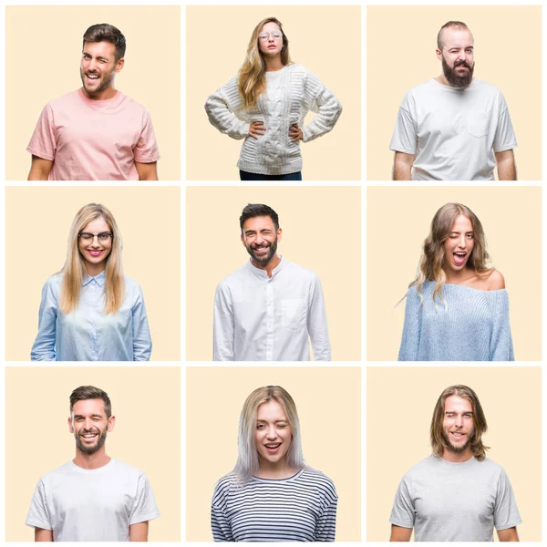 Collage of group people, women and men over colorful yellow isolated background winking looking at the camera with sexy expression, cheerful and happy face.