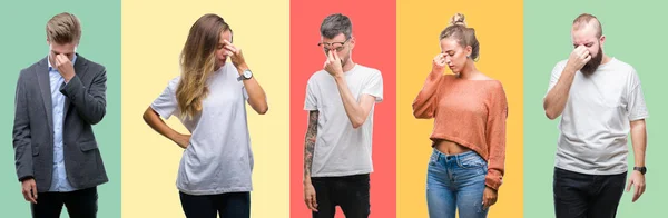 Collage Personas Grupo Mujeres Hombres Sobre Colorido Fondo Aislado Cansado —  Fotos de Stock