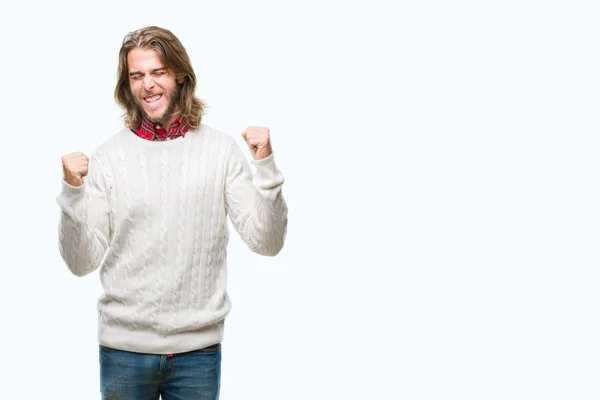 Homem Bonito Jovem Com Cabelos Longos Vestindo Camisola Inverno Sobre — Fotografia de Stock