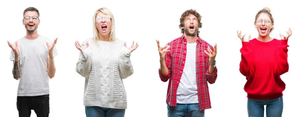 Collage Van Groep Jongeren Witte Achtergrond Gek Geïsoleerd Gek Schreeuwen — Stockfoto