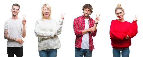 Colagem Grupo Jovens Sobre Fundo Isolado Branco Sorrindo Com Rosto — Fotografia de Stock