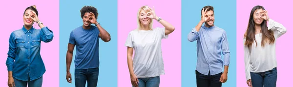 Collage Grupp Casual Ungdomar Över Färgglada Isolerade Bakgrund Gör Gest — Stockfoto