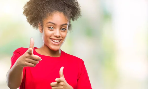 Mladá Žena Afro Americký Izolované Pozadí Ukazovat Prstem Kameru Šťastný — Stock fotografie