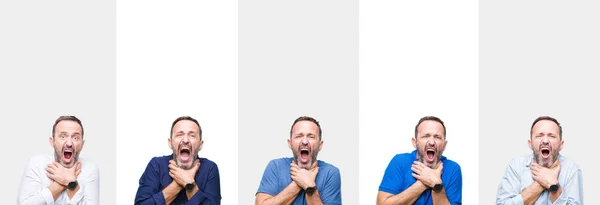 Collage Middle Age Senior Hoary Man Isolated Background Shouting Suffocate — Stock Photo, Image