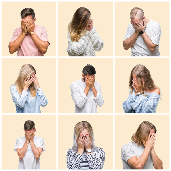 Collage Van Groep Mensen Vrouwen Mannen Kleurrijke Gele Geïsoleerde Achtergrond — Stockfoto