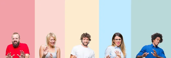Коллаж Группы Молодых Людей Цветном Винтажном Изолированном Фоне Отвратительным Выражением — стоковое фото
