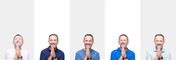 中年年配の白髪男性両手一緒に自信を持って笑って許しを求めて祈って分離の背景上のコラージュ — ストック写真