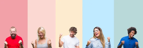 Colagem Grupo Jovens Sobre Colorido Vintage Isolado Fundo Muito Feliz — Fotografia de Stock