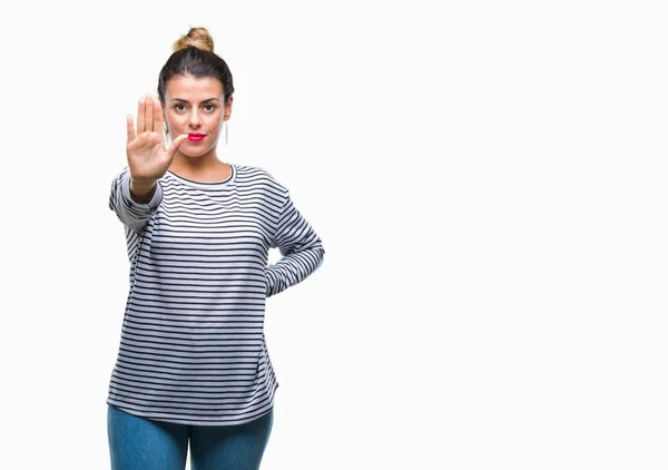 Young Beautiful Woman Casual Stripes Sweater Isolated Background Doing Stop — Stock Photo, Image