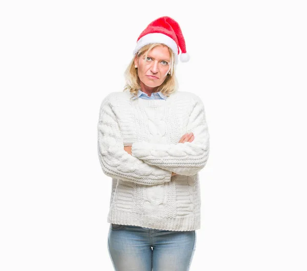 Donna Bionda Mezza Età Con Cappello Natale Sfondo Isolato Scettico — Foto Stock