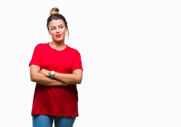 Joven Hermosa Mujer Sobre Fondo Aislado Sonriendo Mirando Lado Mirando — Foto de Stock