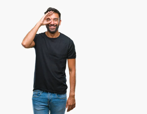 Adult Hispanic Man Isolated Background Doing Gesture Hand Smiling Eye — Stock Photo, Image