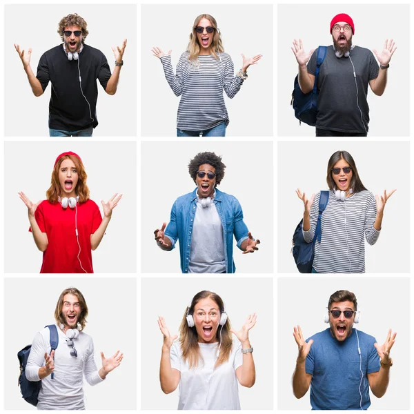 Collage Van Groep Mensen Dragen Rugzak Koptelefoon Geïsoleerd Achtergrond Vieren — Stockfoto