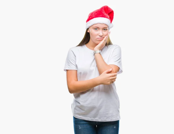 Giovane Bella Donna Caucasica Indossa Cappello Natale Sfondo Isolato Pensando — Foto Stock