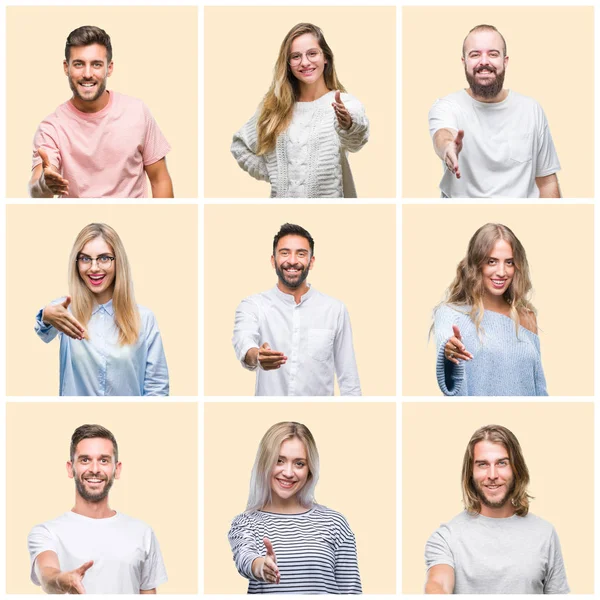 Collage Grupp Människor Kvinnor Och Män Över Färgglada Gul Isolerade — Stockfoto